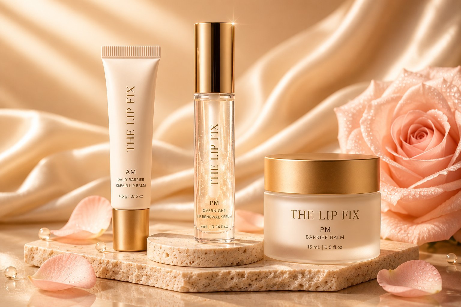 Three luxury skincare products with gold accents arranged on tan rocks against a beige background with palm shadow