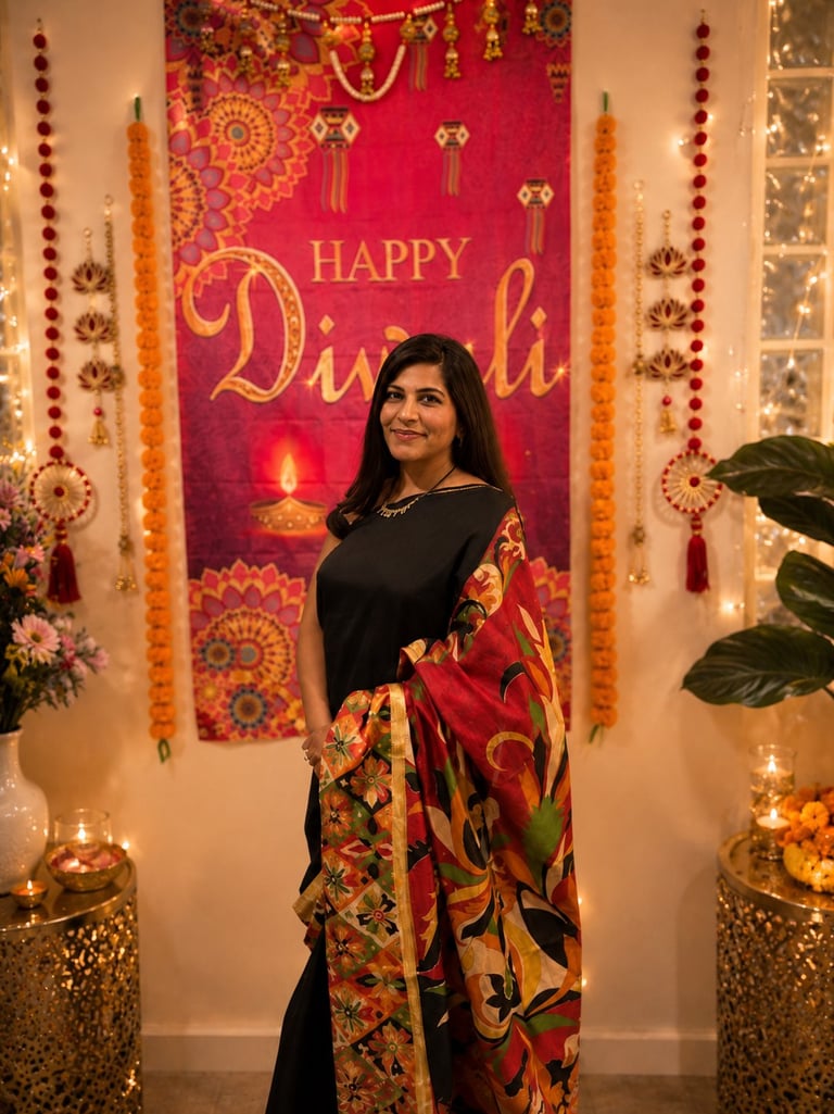 Woman in black attire with colorful shawl posing in front of Happy Diwali decoration with orange marigold garlands and red banner