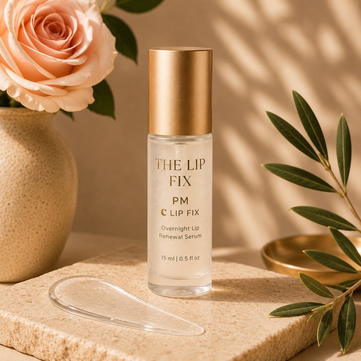 PM Exfoliating Lip Serum bottle displayed on cork surface with peach rose, green leaves, and gold accents