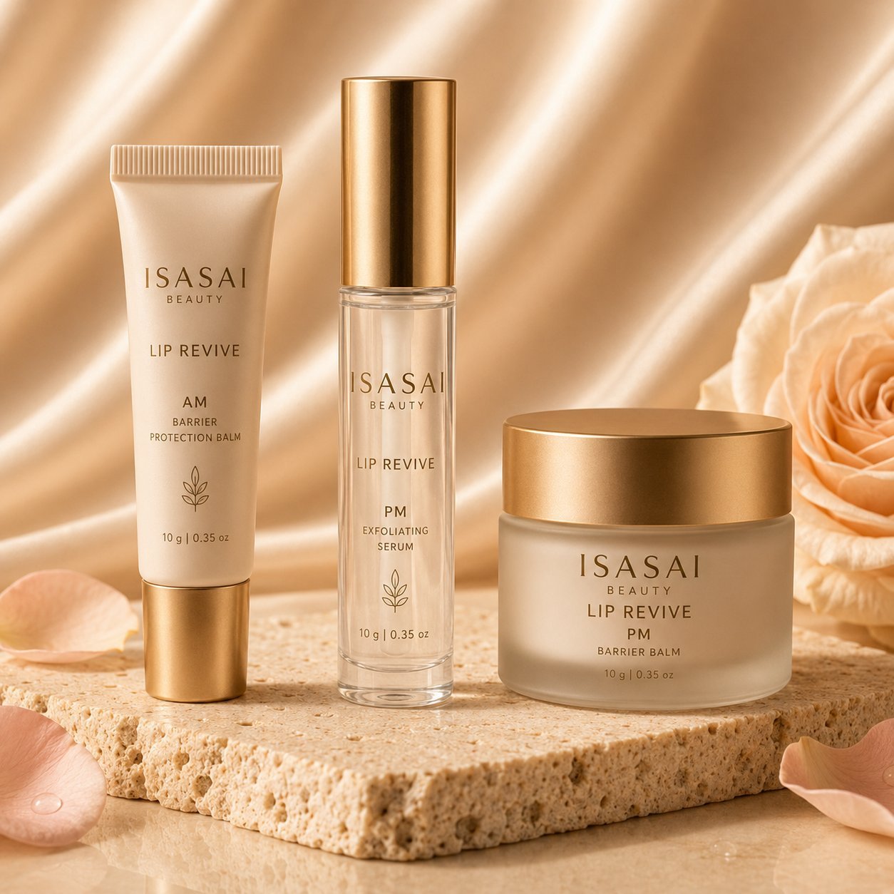 Isasai Beauty lip care product collection displayed on beige stone platform with roses and gold streaked background