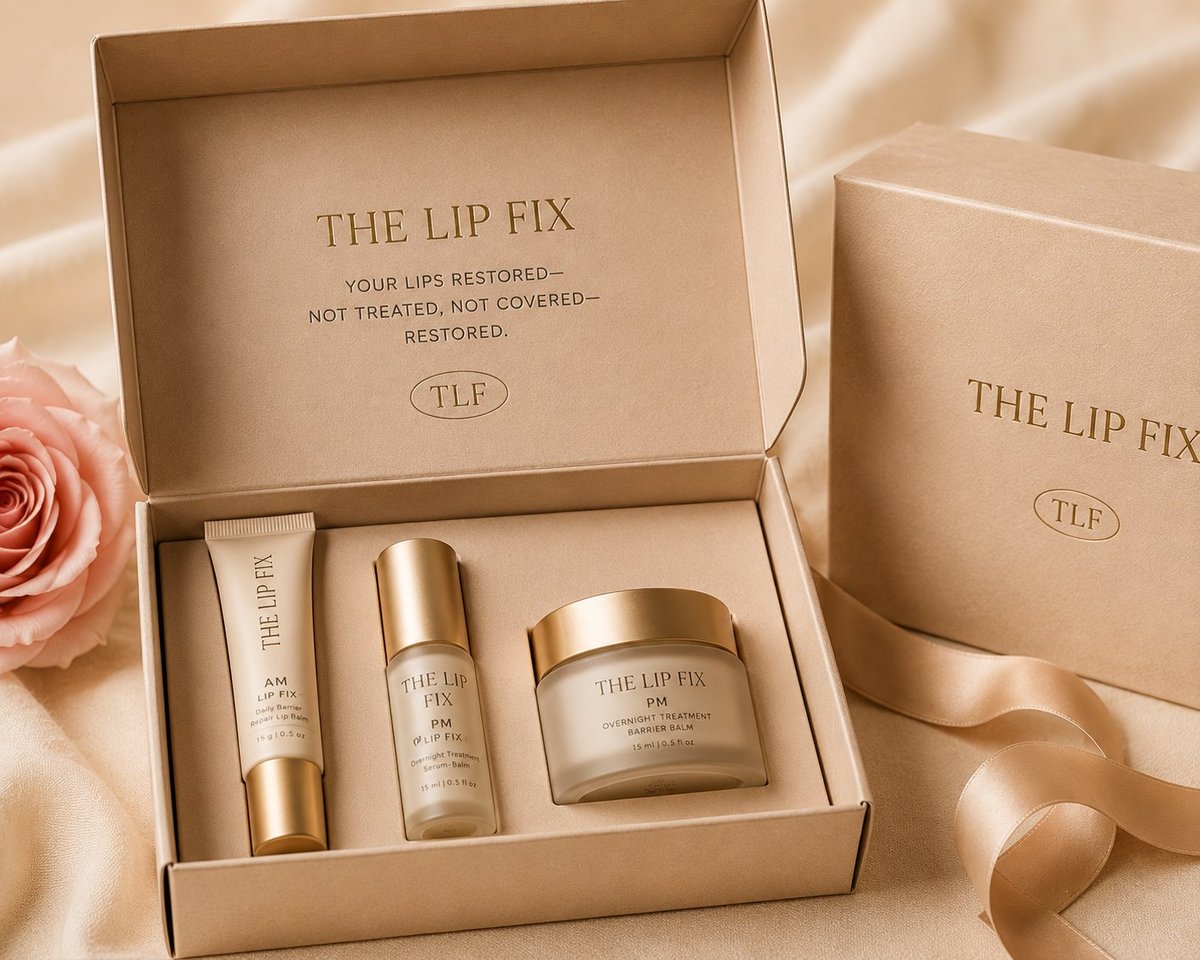 The Lip Fix luxury skincare set displayed in beige packaging with three products and matching branded box on silk fabric with pink rose