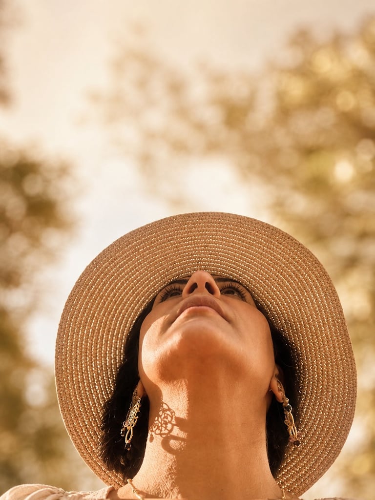 Woman wearing a wide-brimmed straw hat tilting her head back in sunlight with blurred foliage in the background