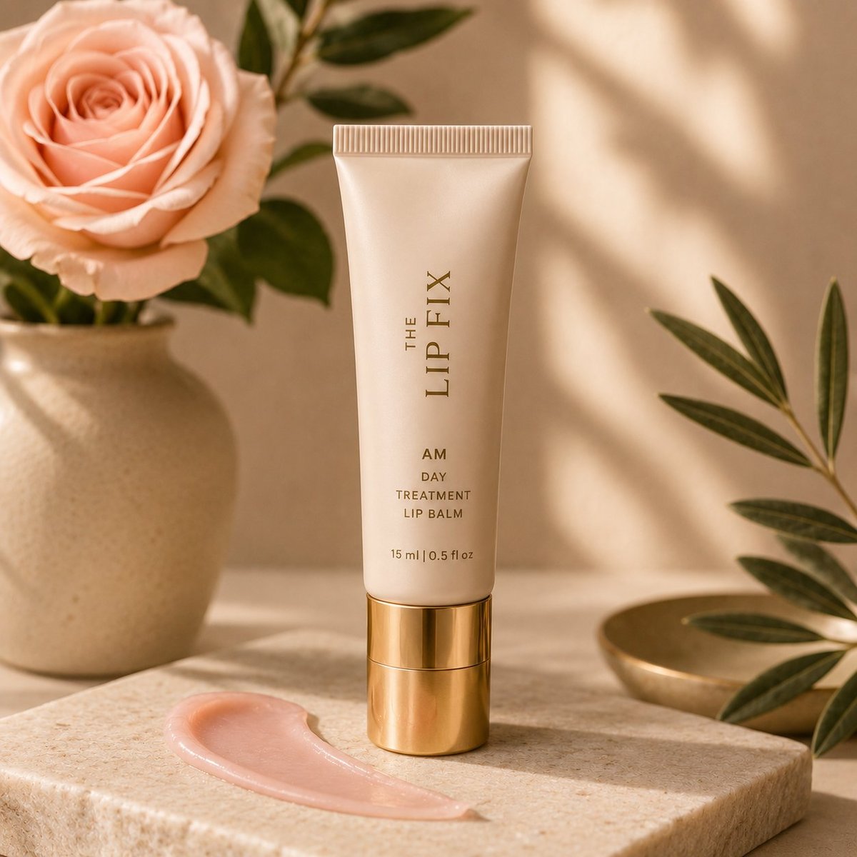 Cream lip balm tube with gold cap next to a peach rose, green foliage, and beige vase on a neutral background