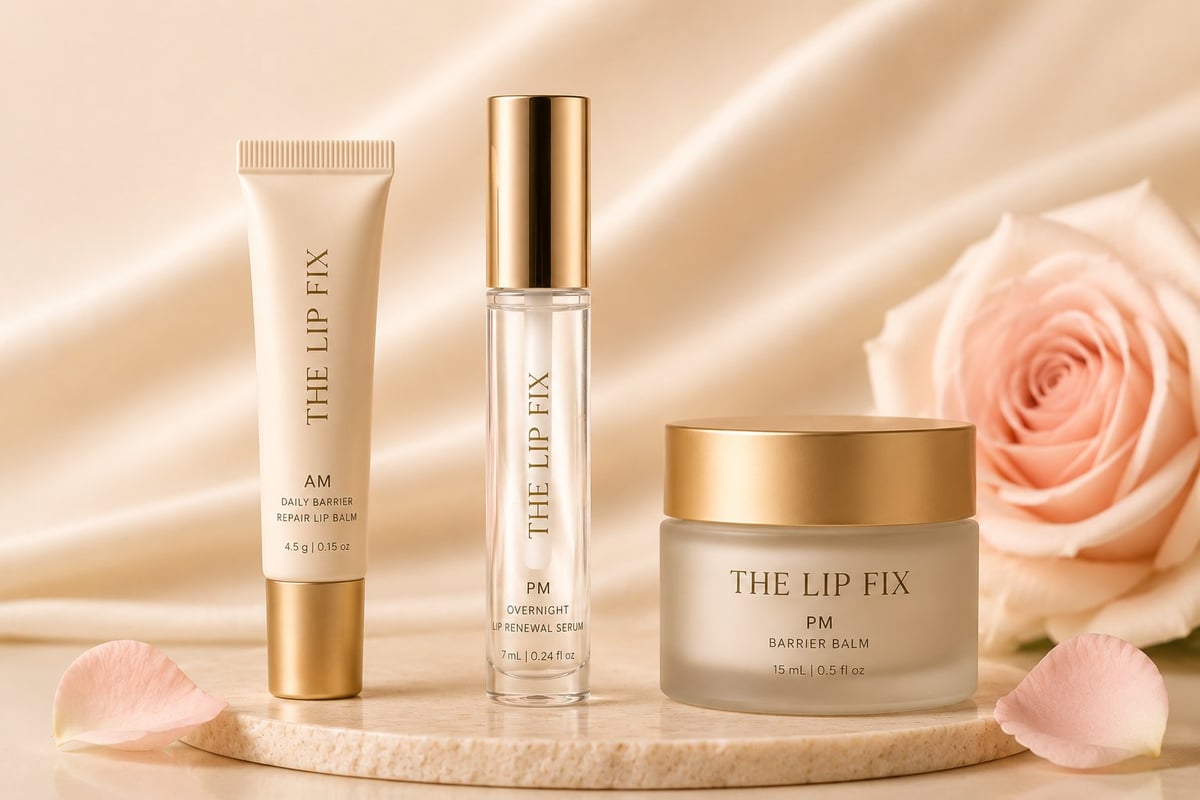 Three luxury lip care products by Isasai Beauty arranged on a stone platform with pink rose and petals against a gold silk backdrop