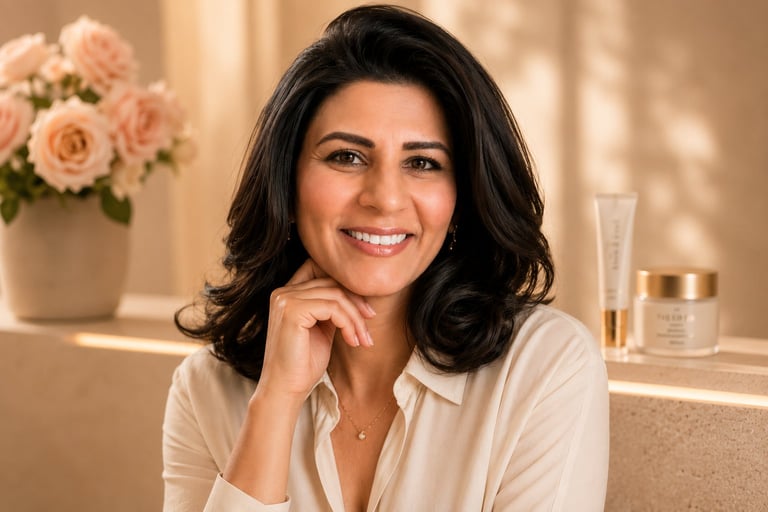 Woman with long dark wavy hair smiling at camera in beige blouse, with pink roses and skincare products on shelf behind her