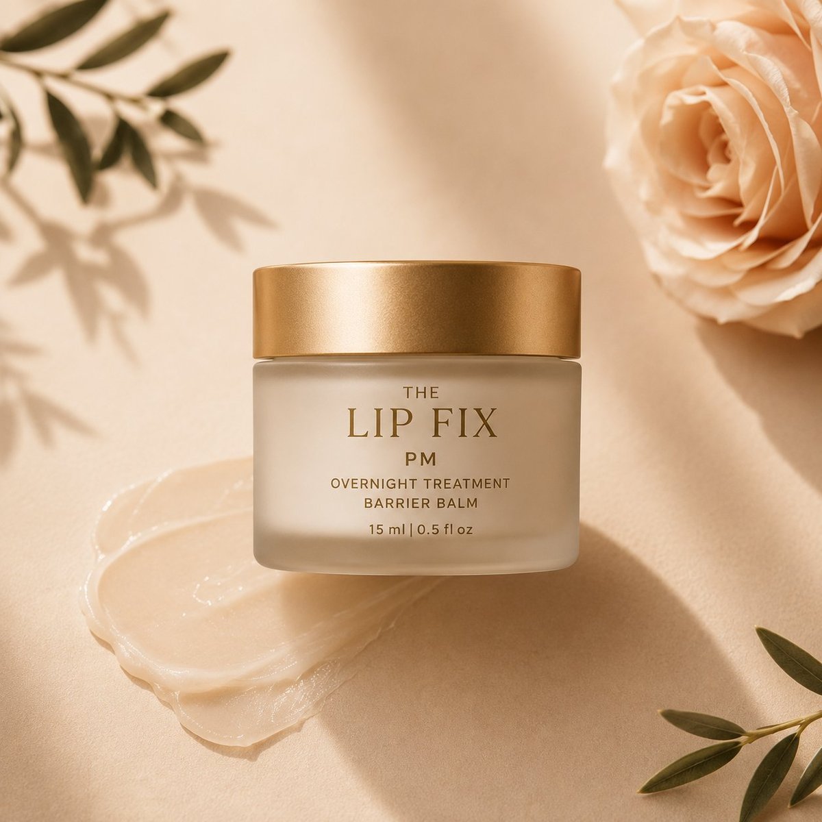 PM Overnight Barrier Lip Balm jar with gold lid on beige background with roses and botanical elements