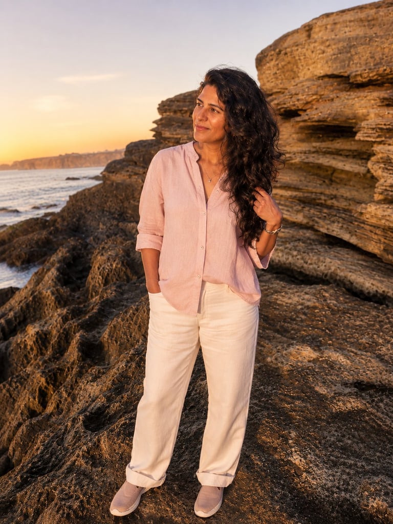 Woman with long dark hair in pink shirt and white pants standing on rocky coastal outcrop at sunset