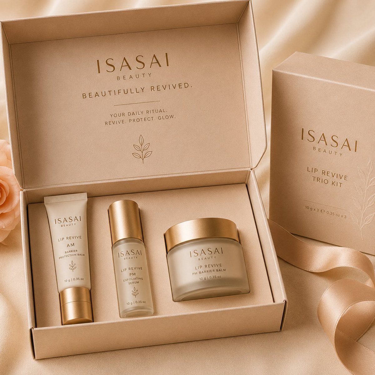 Isasai Beauty skincare set in beige box with three gold-labeled products and separate lip revival trio kit box
