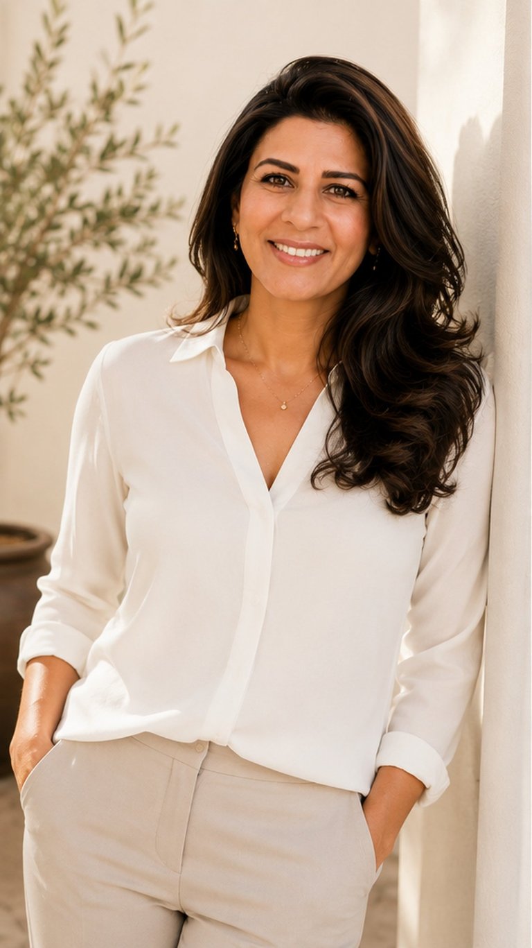Professional headshot of a woman with long dark hair wearing a white blouse and beige pants, smiling at the camera with a blurred plant background